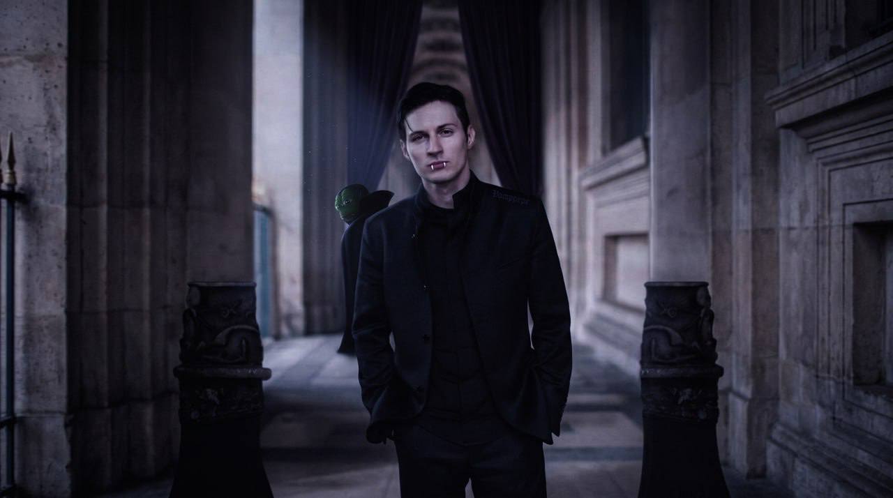 Pavel Durov reimagined as a vampire in a gothic hall, a Pepe vampire peeking over his shoulder